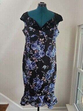 NWT Laura Byrnes 2018 Isabel Dress Black Blue Floral Print Ruffled Hem NWT 3X